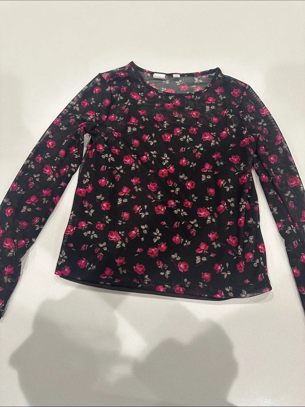 Black Floral Long Mesh Sleeve Top with Pink Roses and Brown Tank Top
